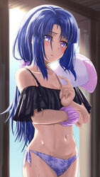  absurdres alice_gear_aegis bikini black_bikini blue_eyes blue_hair blush breasts cleavage collarbone female hair_between_eyes hair_ornament hair_scrunchie hat highres holding holding_clothes holding_hat long_hair looking_at_viewer mismatched_bikini open_mouth origami_yakko pink_hat pink_scrunchie purple_bikini scrunchie side-tie_bikini_bottom small_breasts solo standing swimsuit takanashi_rei unworn_hat unworn_headwear very_long_hair wrist_scrunchie 