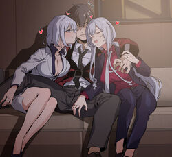  1boy 2girls :d absurdres ak-12_(girls&#039;_frontline) ak-12_(lucia)_(girls&#039;_frontline) banssee belt black_belt black_jacket black_necktie blazer breasts brown_hair cleavage closed_eyes closed_mouth collared_shirt commander_(girls&#039;_frontline) couch girls&#039;_frontline grey_hair grey_jacket grey_skirt griffin_&amp;_kryuger_military_uniform heart highres indoors jacket large_breasts long_hair looking_at_another miniskirt multiple_girls necktie official_alternate_costume open_clothes open_jacket open_mouth open_shirt pants purple_eyes red_jacket red_shirt rpk-16_(girls&#039;_frontline) rpk-16_(renate)_(girls&#039;_frontline) shaded_face shirt short_hair sidelocks sitting skirt smile spread_legs thighs white_necktie 