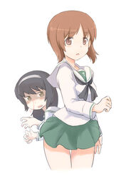  2girls absurdres bad_id bad_pixiv_id black_hair black_neckerchief blouse blush brown_eyes brown_hair clothes_lift commentary cropped_legs ennui_orz female_pervert girls_und_panzer green_skirt hairband highres implied_pantyshot long_hair long_sleeves looking_at_viewer miniskirt multiple_girls neckerchief nishizumi_miho ooarai_school_uniform open_mouth pervert pleated_skirt reizei_mako school_uniform serafuku shirt short_hair simple_background skirt skirt_lift standing white_background white_hairband white_shirt wind wind_lift 