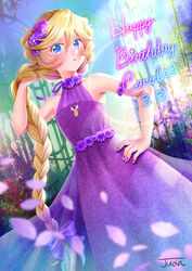  \||/ absurdres blonde_hair blurry blurry_foreground bow braid braided_ponytail carol_malus_dienheim character_name collarbone dress female floating_hair flower hair_flip hair_flower hair_ornament hairbow hand_in_own_hair hand_on_own_hip happy_birthday highres jewelry juan_0121 long_dress long_hair mole mole_under_eye nail_polish necklace pendant petals purple_dress purple_flower purple_nails purple_ribbon ribbon senki_zesshou_symphogear signature sleeveless sleeveless_dress solo standing triangle_mouth very_long_hair white_bow 