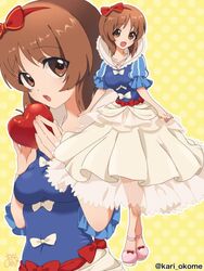  apple artist_name bad_id bad_twitter_id blue_shirt bow brown_eyes brown_hair commentary cosplay curtsey female food frilled_sleeves frills fruit girls_und_panzer girls_und_panzer_senshadou_daisakusen! hairbow holding holding_food holding_fruit kari_okome layered_skirt looking_at_viewer medium_skirt multiple_views nishizumi_miho open_mouth outline petticoat pink_footwear polka_dot polka_dot_background puffy_short_sleeves puffy_sleeves red_bow shirt shoes short_hair short_sleeves signature skirt skirt_hold smile snow_white_(disney) snow_white_(disney)_(cosplay) snow_white_and_the_seven_dwarfs standing twitter_username white_outline white_skirt yellow_background 