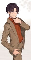  1boy absurdres bad_id bad_pixiv_id black_hair blue_eyes brown_jacket brown_pants commentary hand_up highres jacket koyoi_mitsuki long_sleeves looking_at_viewer male_focus open_clothes open_jacket original pants parted_bangs red_shirt shirt solo standing 