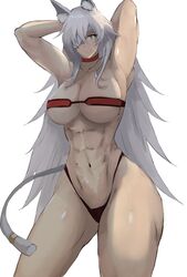  abs animal_ears armpits arms_behind_head bandeau black_panties breasts choker dark-skinned_female dark_skin eyepatch female ghislaine_dedoldia grey_hair hair_between_eyes highleg highleg_panties highres large_breasts long_hair looking_at_viewer memory342 muscular muscular_female mushoku_tensei navel panties red_bandeau red_choker red_eyes scar scar_on_face scar_on_stomach solo tail tail_ornament tail_ring thighs underwear white_background 