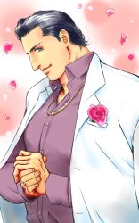  1boy animification bad_id bad_pixiv_id black_hair blue_eyes boutonniere flower formal hinako_(cabanatan) jacket jacket_on_shoulders jewelry male_focus necklace own_hands_together petals pink_flower pink_rose rose rose_petals solo suit wade_barrett wwe 