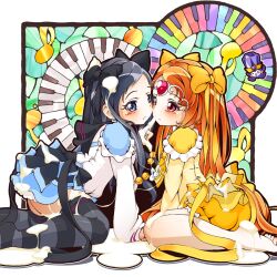  2girls ao_yasai barefoot black_eyes black_hair black_legwear bow bubble_skirt circlet commentary_request cure_muse_(yellow) dodory dress eyelashes frills hair_ribbon heart instrument kneeling long_hair magical_girl multiple_girls orange_hair piano precure rainbow_order red_eyes ribbon sexually_suggestive shirabe_ako skirt striped_clothes striped_thighhighs suite_precure suzu_(suite_precure) thighhighs unofficial_precure_costume yellow_bow 