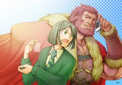  2boys beard cellphone commentary_request facial_hair fate/zero fate_(series) gustaf_jp iskandar_(fate) male_focus multiple_boys parted_bangs phone photoshop_(medium) screen_protector waver_velvet 