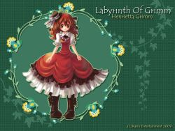  ascot boots brown_eyes brown_hair character_name copyright_name dress female frills hat henrietta_grimm long_hair official_art official_wallpaper puffy_sleeves smile solo zettai_meikyuu_grimm 