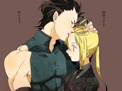  1boy ahoge artoria_pendragon_(fate) black_hair blonde_hair commentary_request couple diarmuid_ua_duibhne_(lancer)_(fate) fate/zero fate_(series) female forehead formal green_eyes kissing kissing_forehead licking muscular partial_commentary photoshop_(medium) ponytail saber_(fate) shou_(paix) straight suit 