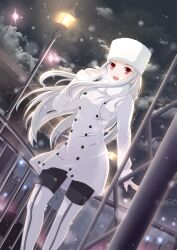  arm_at_side black_pantyhose boots buttons cloud cloudy_sky coat commentary_request fate/zero fate_(series) female fur-trimmed_collar fur-trimmed_jacket fur-trimmed_sleeves fur_hat fur_trim hand_up hat irisviel_von_einzbern jacket lamppost long_hair night night_sky open_mouth outdoors pantyhose red_eyes sevendayswar sky smile snow snowing solo thigh_boots white_coat white_footwear white_hair winter winter_clothes winter_coat zipper_footwear 