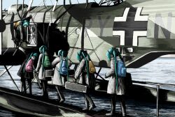  6+girls aircraft airplane aqua_hair backpack bag balkenkreuz case clone commentary_request cross hatsune_miku he_59 iron_cross long_hair military multiple_girls rxjx seaplane twintails vocaloid water world_war_ii 