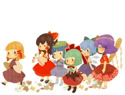  6+girls ai-wa autumn_leaves black_eyes blonde_hair blue_dress blue_hair blunt_bangs boots bow brown_hair children&#039;s_book cirno commentary_request dress english_text front_ponytail full_body gohei hair_ornament hair_ribbon hair_tubes hairbow hakurei_reimu hat i_want_my_hat_back kagiyama_hina kawashiro_nitori leaf mary_janes moriya_suwako multiple_girls no_headwear no_mouth no_nose open_mouth parody purple_hair red_dress red_ribbon ribbon rope shimenawa shoes short_hair simple_background sleeves_past_wrists smile standing touhou two_side_up walking yasaka_kanako 