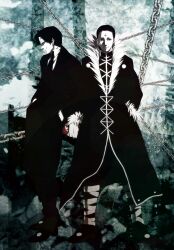  2boys book chains chrollo_lucilfer commentary_request cross dual_persona formal fur_collar hakisutebox hunter_x_hunter male_focus monochrome multiple_boys smile 