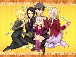  1boy 4girls ^^^ ^_^ artoria_pendragon_(fate) black_pantyhose boots closed_eyes commentary_request emiya_kiritsugu family fate/zero fate_(series) father_and_daughter food formal heart high_heels hisau_maiya illyasviel_von_einzbern irisviel_von_einzbern long_hair mot multiple_girls pant_suit pants pantyhose pocky ponytail saber_(fate) shoes sitting sitting_on_lap sitting_on_person straight suit thigh_boots thighhighs white_hair 