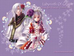  1boy artist_request belt brother_and_sister choker copyright_name criss-cross_strings dress drill_hair drill_sidelocks female flower formal frills hair_flower hair_ornament ibara_hime ibara_ouji long_hair official_art purple_background purple_flower purple_rose red_flower red_rose rose siblings sidelocks smile suit white_hair yellow_eyes zettai_meikyuu_grimm 