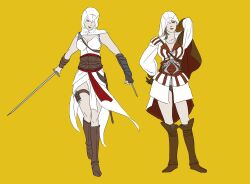  2girls altair_ibn-laahad altar_ibn-laahad assassin&#039;s_creed assassin&#039;s_creed_(series) assassins_creed boots bracer bracers breasts cleavage ezio_auditore_da_firenze gloves half-cape hood hoods multiple_girls rule_63 sword weapon 