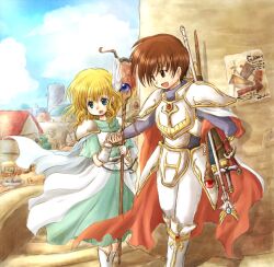  1boy armor commentary_request female fire_emblem fire_emblem:_genealogy_of_the_holy_war holding_hands leif_(fire_emblem) nanna_(fire_emblem) red-50869 staff sword weapon white_armor 