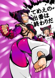  abs ass bad_id bad_pixiv_id baggy_pants black_hair black_panties blush_stickers bracelet breasts crop_top detached_sleeves evil_grin evil_smile feet female fingerless_gloves fingernails gloves grin hair_horns halterneck highres jewelry juri_han large_breasts looking_at_viewer marimo_(yousei_ranbu) muscular nail_polish one_eye_closed paint.net_(medium) panties pants pointing pose purple_eyes purple_hair purple_theme sharp_fingernails shiny_clothes smile soles solo spiked_bracelet spiked_hair spikes standing standing_on_one_leg street_fighter toeless_legwear toenail_polish toenails toes translated underboob underwear 