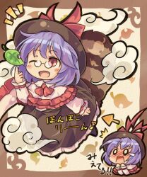  animal_ears bad_id bad_tinami_id blush bow cosplay dress embarrassed female flying frills futatsuiwa_mamizou glasses hat hat_bow implied_pantyshot leaf nagae_iku nagae_iku_(cosplay) one_eye_closed open_mouth pince-nez pote_(ptkan) purple_hair raccoon_tail red_eyes ribbon shawl short_hair smile solo tail touhou translated 