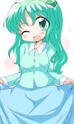  blush commentary_request curtsey dress female frog geetsu hair_ornament jaggy_lines kochiya_sanae long_hair oekaki one_eye_closed skirt_hold solo touhou wavy_hair 