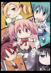  5girls :&lt; akemi_homura akemi_homura_(magical_girl) bad_id bad_pixiv_id black_hair blonde_hair blue_eyes blue_hair boots cape chains chibi cup drill_hair fingerless_gloves food frown gloves grin gun hair_ornament hair_ribbon hairband kaname_madoka kyuubee long_hair magical_girl mahou_shoujo_madoka_magica mahou_shoujo_madoka_magica_(anime) miki_sayaka miki_sayaka_(magical_girl) mitakihara_school_uniform multiple_girls one_eye_closed open_mouth pink_eyes pink_hair plaid plaid_skirt pleated_skirt pointing polearm ponytail purple_eyes red_eyes red_hair ribbon sakura_kyoko sakura_kyoko_(magical_girl) saliva school_uniform serebi_ryousangata short_hair short_twintails skirt smile spear taiyaki teacup tomoe_mami tomoe_mami_(magical_girl) twintails wagashi weapon yellow_eyes 