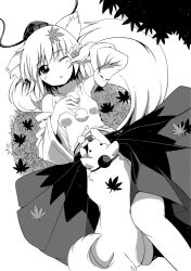  animal_ears bare_shoulders blush canine commentary_request detached_sleeves female greyscale hakama hakama_skirt hat inubashiri_momiji japanese_clothes leaf lying maple_leaf monochrome on_back one_eye_closed photoshop_(medium) short_hair skirt solo sora-bozu tail tokin_hat touhou wolf_ears wolf_tail 