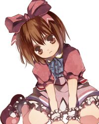  1boy a_(pivot-nitidokui) alternate_costume bad_id bad_pixiv_id bare_legs bloomers bow brown_eyes brown_hair colored_eyelashes crossdressing frilled_wrist_cuffs frills frown huge_bow karol_capel karol_capel_(girly) male_focus mary_janes official_alternate_costume otoko_no_ko pink_bow shoes sitting solo tales_of_(series) tales_of_vesperia underwear wariza white_bloomers white_wrist_cuffs wrist_cuffs 