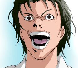  1boy angry black_hair death_note drawfag facial_hair god_of_the_new_world imageboard_desourced male_focus miyano_mamoru non-web_source okabe_rintarou parody solo steins;gate stubble voice_actor_connection 