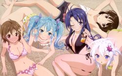  5girls :o ahoge all_fours antenna_hair arm_support ass bad_hands bandeau barefoot bikini black_hair black_one-piece_swimsuit blue_eyes blue_hair blush breasts brown_eyes cleavage dengeki_g&#039;s denpa_onna_to_seishun_otoko detexted downblouse flat_chest frilled_bikini frills full-face_blush hair_ornament highres hoshimiya_yashiro imageboard_desourced large_breasts legs long_hair long_legs lying maekawa magazine_scan mifune_ryuuko multiple_girls navel niwa_makoto non-web_source official_art one-piece_swimsuit one_eye_closed polka_dot polka_dot_bikini polka_dot_swimsuit scan shiny_skin short_hair shorts sitting sparkle strap_slip striped_bikini striped_clothes sugiyama_nobuhiro swimsuit thigh_gap third-party_edit touwa_erio touwa_meme twintails white_hair 