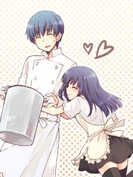  1boy apron black_hair black_legwear blue_hair chef closed_eyes commentary_request cooking_pot female hug kousetsu souma_hiroomi thighhighs waitress working!! yamada_aoi 