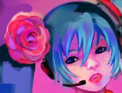  aqua_hair blue_eyes commentary_request female flower hair_ornament hatsune_miku lipstick makeup photoshop_(medium) red_flower red_rose rose solo unhai vocaloid 