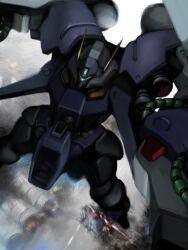  assault_visor byalant_custom commentary_request explosion fire flying green_visor gundam gundam_unicorn mecha mecha_focus no_humans robot science_fiction solo tabigarasu 