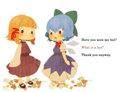  2girls ai-wa autumn_leaves black_eyes blonde_hair blue_dress blue_hair blunt_bangs bow bowtie children&#039;s_book cirno commentary_request dress english_text fairy_wings full_body green_bow hair_ribbon hairbow i_want_my_hat_back leaf looking_at_another mary_janes moriya_suwako multiple_girls no_headwear no_mouth no_nose open_mouth parody puffy_short_sleeves puffy_sleeves red_bow red_bowtie red_ribbon ribbon shoes short_hair short_sleeves simple_background sleeves_past_wrists standing touhou white_background wings 