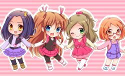  4girls :o blue_eyes bow brown_eyes brown_hair capri_pants chibi commentary_request glasses green_eyes half_updo holding_hands houjou_hibiki kurokawa_eren long_hair minamino_kanade multiple_girls one_eye_closed one_side_up orange_hair outline pants pink_background pink_bow ponytail precure purple_hair purple_shirt purple_skirt seiren_(suite_precure) shirabe_ako shirt short_hair skirt suite_precure tileable two_side_up uzuki_aki white_outline yellow_eyes 