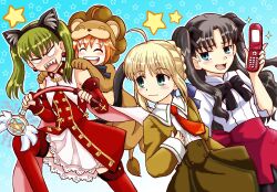  4girls absurdres ahoge animal_costume animal_ears artoria_pendragon_(fate) blush brown_hair cat_ears cellphone commentary_request cosplay costume_switch earrings elbow_gloves fangs fate/hollow_ataraxia fate/stay_night fate/tiger_colosseum fate_(series) gloves hair_ribbon hibino_hibiki highres jewelry kaleido_ruby katsuragi_chikagi lion_costume magical_girl multiple_girls necktie nishisute orange_hair phone photoshop_(medium) ribbon saber_(fate) saber_(fate)_(cosplay) saber_lion saber_lion_(cosplay) school_uniform tohsaka_rin twintails wavy_mouth yellow_eyes 