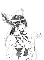  absurdres ascot bad_id bad_pixiv_id bow commentary_request detached_sleeves female frilled_bow frilled_shirt_collar frills graphite_(medium) greyscale hair_tubes hairbow hakurei_reimu hand_on_own_hip hand_up hatching_(texture) highres monochrome open_mouth oshake sarashi solo touhou traditional_media upper_body 