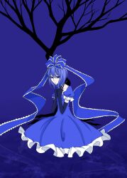  bad_id bad_pixiv_id bare_tree blue_eyes blue_hair blue_theme bow dress elbow_gloves female frills gloves hairbow hands_on_own_chest highres hisame_(gocbu) kagiyama_hina kuma-hina_(31_violence) monochrome ribbon shaded_face sitting solo touhou tree 