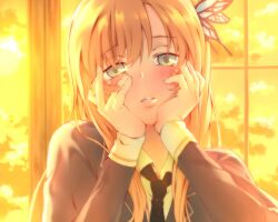  bad_id bad_pixiv_id blonde_hair blush boku_wa_tomodachi_ga_sukunai butterfly_hair_ornament cardigan dsmile female green_eyes hair_ornament hands_on_own_cheeks hands_on_own_face kashiwazaki_sena long_hair parody school_uniform solo st._chronica_academy_school_uniform sunset yandere_trance 