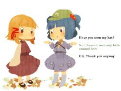  ai-wa blonde_hair blue_hair children&#039;s_book english hair_bobbles hair_ornament hat i_want_my_hat_back kawashiro_nitori key leaf moriya_suwako multiple_girls no_hat no_headwear parody pocket short_hair shrug skirt touhou two_side_up 