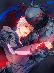  2boys armor berserker_(fate/zero) commentary_request fate/zero fate_(series) full_armor male_focus matou_kariya multiple_boys nishi_juuji open_mouth white_hair 