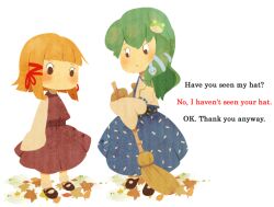  ai-wa blonde_hair broom children&#039;s_book english green_hair hair_ornament i_want_my_hat_back kochiya_sanae leaf moriya_suwako multiple_girls no_hat no_headwear parody sweeping touhou 