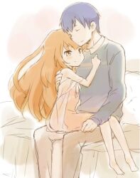  1boy aisaka_taiga bed blue_hair brown_eyes brown_hair closed_eyes commentary_request couch couple dress female long_hair pillow shirotaka_(shirotaka) short_hair sitting sitting_on_lap sitting_on_person smile straight sweater takasu_ryuuji toradora! 