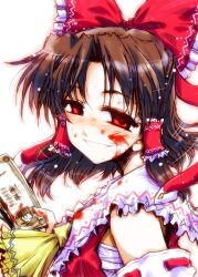  ascot blood blood_on_clothes blood_on_face blush bow brown_hair commentary_request detached_sleeves empty_eyes female frills grin hair_tubes hairbow hakurei_reimu highres money photoshop_(medium) red_bow red_eyes sarashi smile solo takana_shinno touhou upper_body 