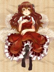  ascot black_pantyhose brown_background brown_eyes brown_hair commentary_request dress expressionless female frills full_body henrietta_grimm long_hair lying nano_(lanthan00) no_shoes on_back pantyhose solo zettai_meikyuu_grimm 