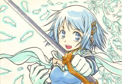  armband bad_id bad_pixiv_id blue_eyes blue_hair cape feathers female gloves hair_ornament hairclip highres magical_girl mahou_shoujo_madoka_magica mahou_shoujo_madoka_magica_(anime) miki_sayaka miki_sayaka_(magical_girl) short_hair solo sword takumi117 weapon 