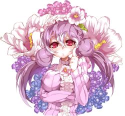  bad_id bad_pixiv_id breasts double_bun female flower hair_bun hat hat_flower himuro_shunsuke long_hair medium_breasts original pink_shirt purple_hair shirt solo twintails upper_body 