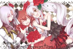  1boy 2girls argyle_background ascot asymmetrical_hair choker closed_eyes coat commentary_request dress drill_hair drill_sidelocks dutch_angle eeta flower frills gathers group_picture hair_flower hair_ornament happy hat henrietta_grimm ibara_hime ibara_ouji long_hair multiple_girls one_eye_closed red_flower red_rose rose side_ponytail sidelocks white_hair yellow_eyes zettai_meikyuu_grimm 