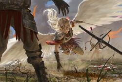  androgynous angel angel_wings armor battle battlefield blonde_hair boots commentary_request dust elbow_gloves fantasy female flag flying from_ground gloves grass johannes_voss long_hair original outdoors photoshop_(medium) pike_(weapon) polearm rapier scar shield smoke sword weapon white_wings wings 