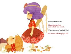  2girls ai-wa autumn_leaves black_eyes blonde_hair blunt_bangs children&#039;s_book commentary_request dress english_text full_body hair_ornament hair_ribbon i_want_my_hat_back leaf_hair_ornament lying moriya_suwako multiple_girls no_headwear no_mouth on_back parody profile purple_hair red_dress ribbon rope sandals shimenawa short_hair short_sleeves simple_background standing touhou white_background yasaka_kanako 