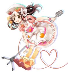  apron bad_id bad_pixiv_id brown_eyes brown_hair cooking_idol_ai!_mai!_main! dress female food-themed_clothes hat heart heart_of_string hiiragi_mine kneehighs leaning_forward microphone_stand mitsukura_chikage open_mouth simple_background smile socks solo yellow_socks 