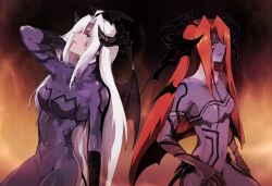  2girls alluring_succubus bad_id bad_pixiv_id bat_wings cardfight!!_vanguard decadent_succubus demon_girl horns long_hair multiple_girls navel red_hair ren_(pixiv) white_hair wings 